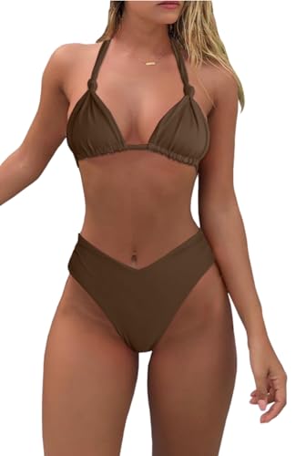 Conjunto de Bikini para Mujer, Sexy, Halter, triángulo, Tira, Bikini descarado, Corte en V, Cintura Alta, Tanga, Trajes de baño de 2 Piezas, Marrón, XL