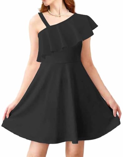 Elegant One Shoulder Ruffle Party Dresses A-Line Special Occasion Dress with Pockets for Kids 8-12 Years
