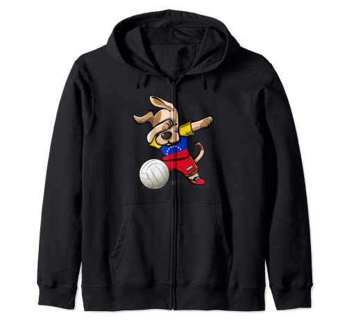 Dabbing Dog Proud Venezuela Volleyball Lover Venezuelan Flag Zip Hoodie, Black, S