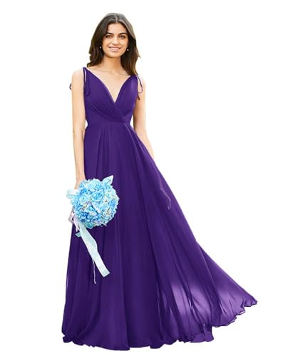 Image of HSFIYAKJ Bridesmaid Dresses Long Chiffon Formal Dress Open Back V Neck Evening Prom Gown for Women with Pockets