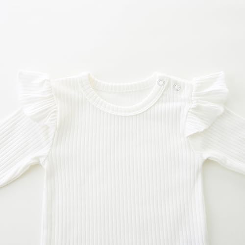 Baby Girl Knit Ruffle Outfit Clothes Ribbed 100% Organic Cotton Solid Color Long Sleeve Romper Clothes 0~24M3