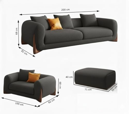 Image of Modern Sofa Chesterfield Design with Stylish Wooden Legs Bouncy Teddy Fabric Off-White Finish Sofa for Living Room, Bedroom, Hallways (3+1+Ottoman, Black)