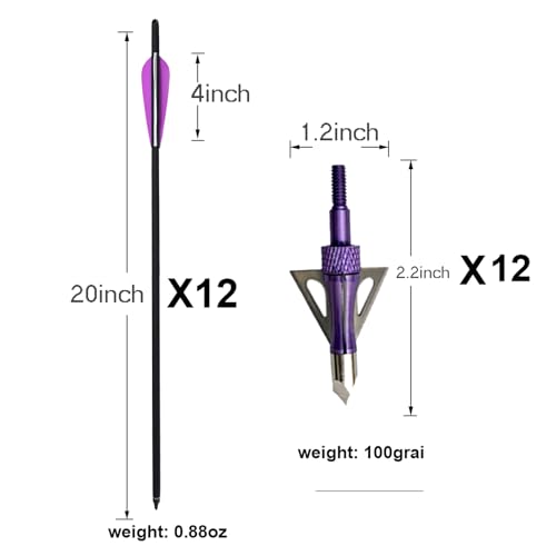 VKEDA 20 Inch Carbon Crossbow Bolts 12 Pack and 12 Pack Hunting Broadheads kit, Carbon Crossbow Arrows for Hunting and Outdoor Practice (Red) (Purple)
