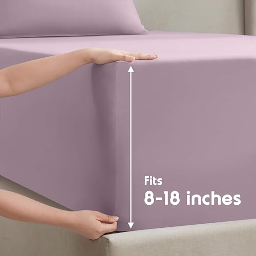 Image of Nestl Short Queen Bed Sheet Set - Dusty Purple - 4-Piece Deep Pocket | Instantly Soft, Night-One Ready (No Wash Required). Fits 16-Inch Deep Pockets, 360-Degree Elastic Grip