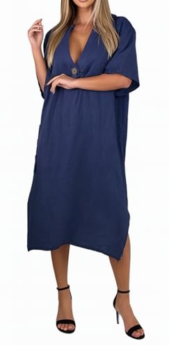 Mississhop 100% Leinen Kleid Damen mit V-Ausschnitt & Tasche 3093 - Leinenkleid Dunkelblau
