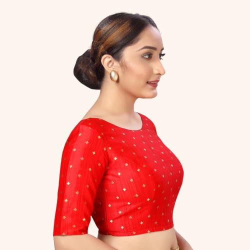 Image of Studio Shringaar Women Cotton Silk Silky Brocade Readymade Elbow Length Sleeves Saree Blouse Choli