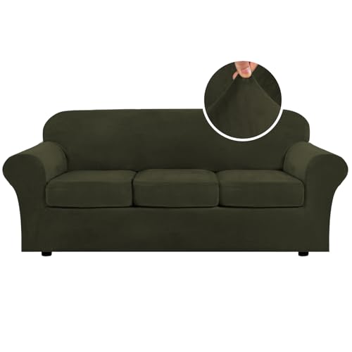 H.VERSAILTEX Modern Velvet Plush 4 Piece High Stretch Sofa Slipcover Sofa Cover Furniture Protector Form Fit Thick Velvet Sofa Cover for 3 Cushion Couch Width Up to 90 Inch (Sofa, Olive)