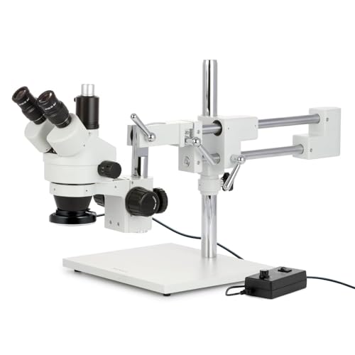 AmScope SM-4TZ-144-5MT Trinocular Stereo Microscope, WF10x Eyepieces, 3.5X-90X Magnification, 0.7X-4.5X Objective Power, 0.5X and 2.0X Barlow Lenses, 144-Bulb Ring-Style LED Light Source, Double-Arm Boom Stand, 110-240V, Includes 5MP Camera and Software