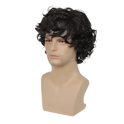 Beweig Mens Short Curly Black Wig With Bang Synthetic Cosplay Halloween Costume Party Natural Hair Wig #TOP3
