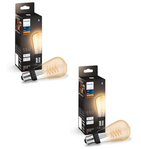 Philips Hue White Filament ST64 Smart Light Bulb [E27 Edison Screw] with Bluetooth, Vintage Indoor Decorative Home Lighting – 2 Pack