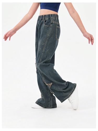 OYOANGLE Girl's Elastic High Waist Wide Leg Jeans Y2K Ripped Pattern Denim Pants with Pocket4
