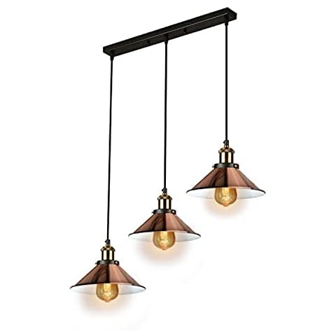 LEDSone 3 Head Copper Vintage Industrial Ceiling Hanging Light Shade Loft Style Metal Ceiling Pendant Lamp for Kitchen Island, Living Room, Dining Room E27 UK Holder Kit (Cone-Copper II) Cover