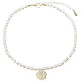 Collar con colgante de oro rosa, diseño vintage adornado con perlas, con perlas de agua dulce, elegante diseño floral para mujer, longitud ajustable, ideal para cualquier ocasión
