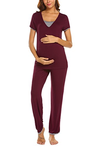 Ekouaer Women's Short Sleeve Maternity Pajamas Nursing/Breastfeeding Nightgown Pj sets (Wine Red XXL)