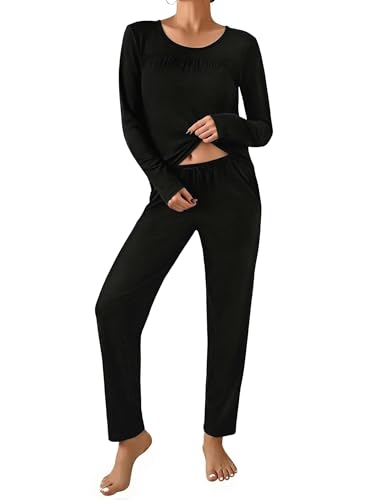 Marvmys Schlafanzug Damen Baumwolle Lang Winter Zweiteiliger Nachtwäsche Langen Ärmeln Sleepwear Pyjamas Set Mit Taschen S-XXL