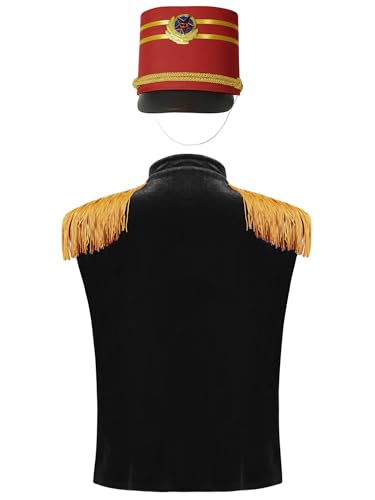 renvena Marching Band Kids Military Vest with Hat Suit Drummer Parade Fringe Epaulet Waistcoat Set2