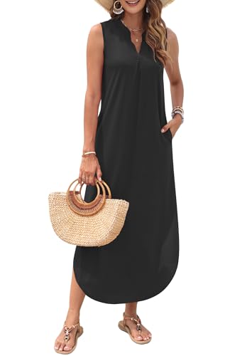 Image of AUSELILY Womens Summer Casual Maxi Dresses 2026 Sleeveless Long Beach Dresses V Neck Loose Sundresses with Side Split Pockets
