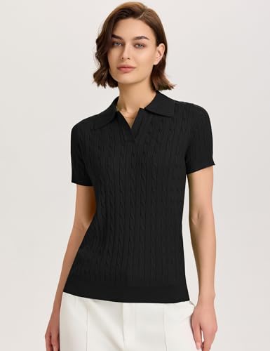 Image of Micoson Womens Short Sleeve Sweater Tops Lapel V Neck Polo Shirts 2026 Summer Cable Knit Loose Blouse Business Casual Outfits