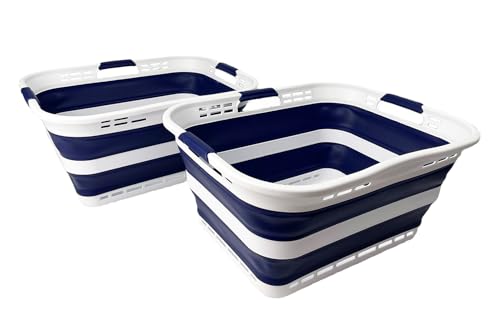 Image of SAMMART Set of 2 Collapsible Plastic Storage Basket - Foldable Pop Up Storage Container - Portable Laundry Organizer - Space Saving Hamper (White /Starry Blue, 42L (Style A))