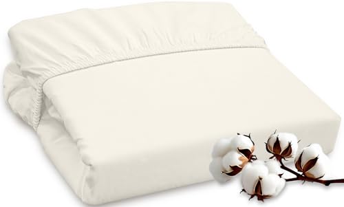 Image of ROYALE LINENS 300 Thread Count 100% Long Staple Combed Cotton Fitted Sheet Twin - Super Soft Deep Pocket Bottom Sheet - Fitted Sheets Only - Elastic Sheets (Twin, Cream)