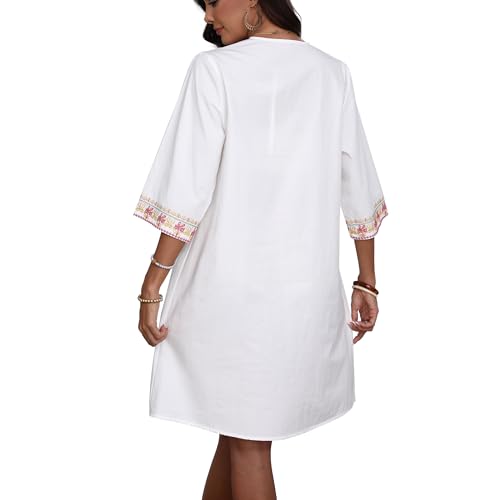 Image of Higustar Summer Womens White Cotton Mini Dresses Boho Embroidered Mexican Styel Bohemian Tunic Babydoll Dress for Women
