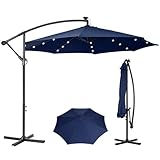 Panana 3M Garden Cantilever Parasol with 24 Solar Powered LED Lights Outdoor Banana Hanging Umbrella with Crank Mechanism Sun Shade Canopy for Poolside, Deck, Patio and Balcony (Dark Blue)