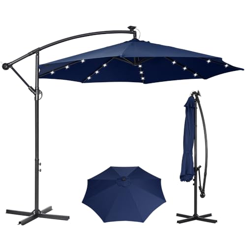 Panana 3M Garden Cantilever Parasol with 24 Solar Powered LED Lights Outdoor Banana Hanging Umbrella with Crank Mechanism Sun Shade Canopy for Poolside, Deck, Patio and Balcony (Dark Blue)