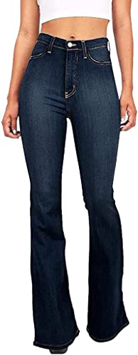 Calça jeans feminina moderna elástica clássica de cintura alta solta plus size flare, Azul escuro, 9