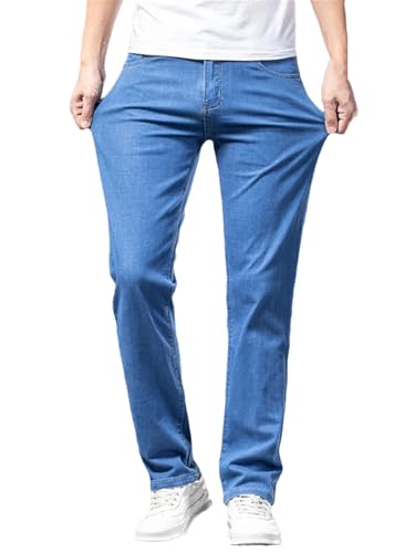 Hndudnff Men Thin Jeans Straight Elastic Baggy Denim Pants Business Casual Trousers with Pockets