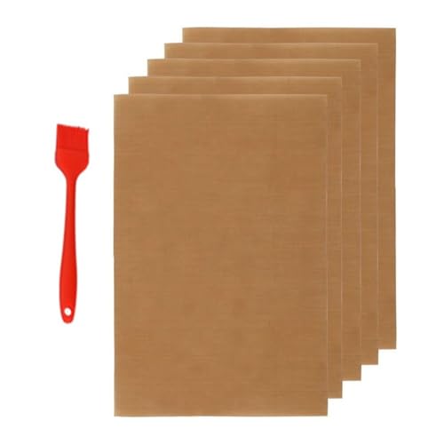 Lot de 5 tapis de barbecue réutilisables et antiadhésifs en cuivre pour la cuisson en plein air, la pâtisserie, le poisson, les légumes, avec brosse à huile, passe au lave-vaisselle - 33 x 40 cm