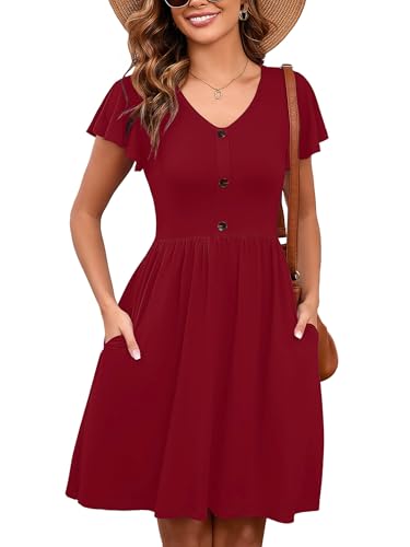 Image of Heymoments Women's Ruffle Sleeve V Neck Swing Sundress Summer Casual A-Line Midi Dress with Pockets S-2XL