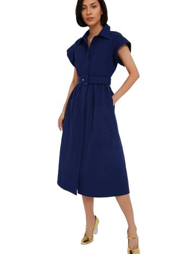 Women's Casual Button Shirt Dresses Short Sleeve Business Long Dresses Elegant Trench Coat with Pockets2