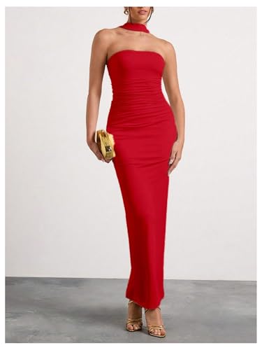 Image of Milumia Women's Halter Neck Ruched Strapless Sleeveless Tube Bodycon Maxi Dresses