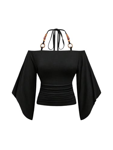 Verdusa Women's Off Shoulder Halter Top Flare Sleeve Ruched Fitted Going Out Tops