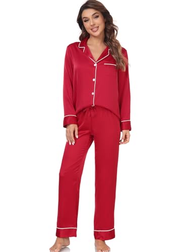 Image of Serenedelicacy Women's Satin Pajama Set Long Sleeve Button Down Sleepwear 2-Piece Silky Pj Set