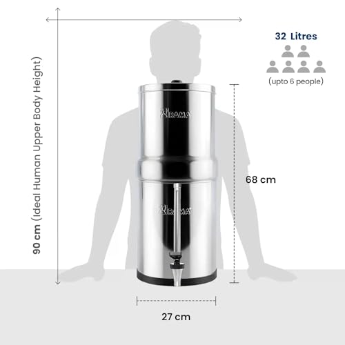 Image of RAMA Gravity Water Filter,16 Litre Storage (32 Litre Total Capacity) 304 High Grade Stainless Steel Water Purifier for Home, 10 Year Manufacturer Warranty with 6 Spirit Candles and Vision Tap 10 inch