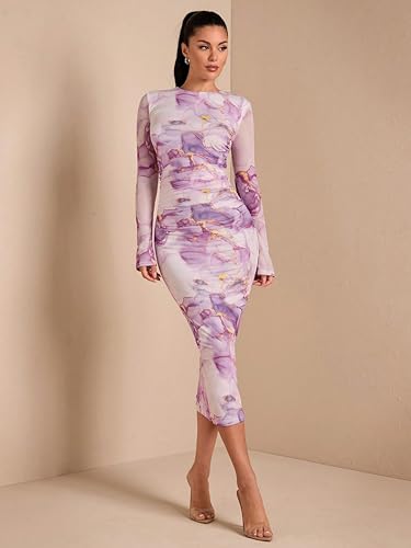 Image of Women's Sexy Round Neck Lounge Long Dress Elegant Long Sleeve Ribbed Bodycon Knee Length Dresses