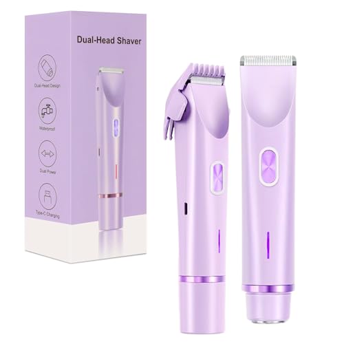 Rasierer Damen, Intimrasierer 2 In 1 Elektrischer Rasierer Damen Intimbereich Bikini Trimmer für Privater Teil Gesicht Achselhöhlen Beine (Lila)