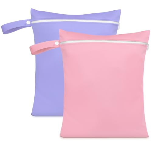 AOOSA 2PCS Wet Bags Reusable Cloth Diaper Bags with Handle and Zipper Lightweight Waterproof Travel Laundry Bag Washable Wet Dry Bag for Baby Items Travel Beach Swimming Gym Camping(Pink & Purple)