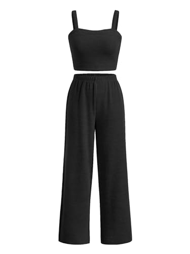 SOLY HUX Girl's Rib Knit Sleeveless Cami Crop Top and Wide Leg Pants 2 Pieces Solid Black 8-9Y