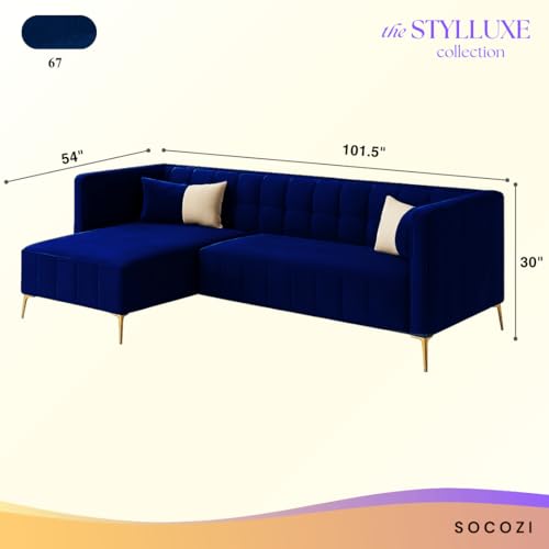 Image of SOCOZI Stylluxe 6 Seater Velvet Fabric LHS L Shape Sofa Set for Living Room |Fabric L Shape Sofa Set for Home & Office (Dark Blue)