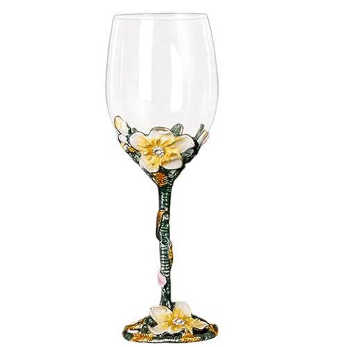 XUDREZ Painted Enamel Flower Lead-Free Wine Glasses 320ml/10.8 OZ Red/White Crystal Wine Glasses (Apricot Blossom Red)