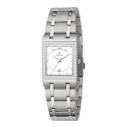 WWOOR Womens Watches for Small Wrists Stainless Steel Luxury Square Danity Silver Watches for Women with Date Waterproof Ladies Watches Elegant Dress Quartz Women's Wrist Watches Reloj para Mujer