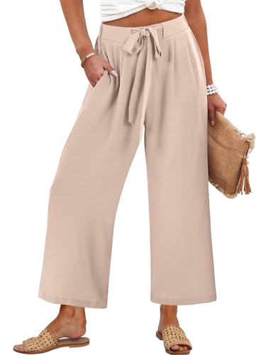 Caracilia Womens Wide Leg Palazzo Pants Cropped High Waisted 2026 Summer Casual Loose Lounge Flowy Travel Work Trousers Parchment Medium