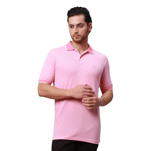 Image of Park Avenue Men's Cotton Polyester Blend Stripe Pattern Slim Fit Rib Collar Polo Neck Half Sleeve Casual T-Shirt