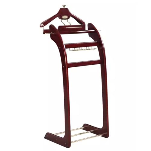 Soporte de valet para traje de nogal con bandeja superior, colgador de contorno, barra para pantalones y ganchos para cinturón, elegante zapatero de 43 cm de ancho x 35 cm de profundidad x 114 cm de