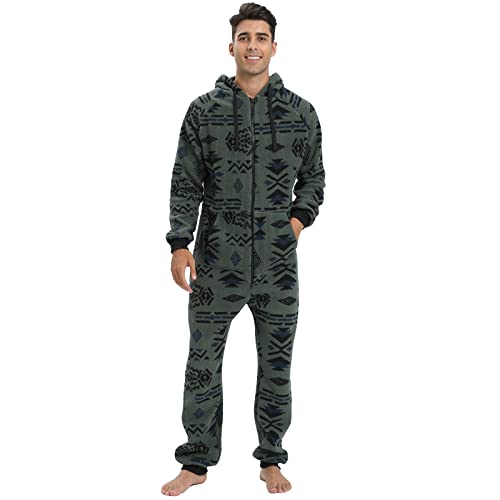 QIYUANT Pijama Hombre Una Pieza Vellón Coral Pijamas Mono Entero con Capucha Manga Larga Invierno Cálido Adulto Onesie Ropa de Casa Dormir (Verde Oscuro, XL)