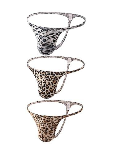 3 Pack Men's Cotton G-string Leopard Sexy Low-Rise Stretch Yellow/Skin Colour/Gray