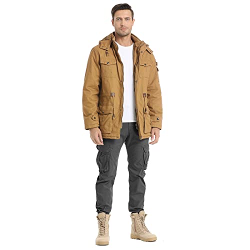 Lepoar Men's Winter Jacket Military Jacket Fleece Lined Warm Cargo Jackets Removable Hood Cotton Work Coat, Khaki-S #TOP5