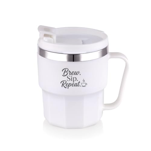Image of ATTRO Sipzo Double Wall Inner Steel Coffee Mug, 350ml, Microwave Safe, Stainless Steel Inner, BPA Free Food Grade Outer, Leakproof Lid with Dust Cover, Wide Mouth, Office & Travel Mug-White